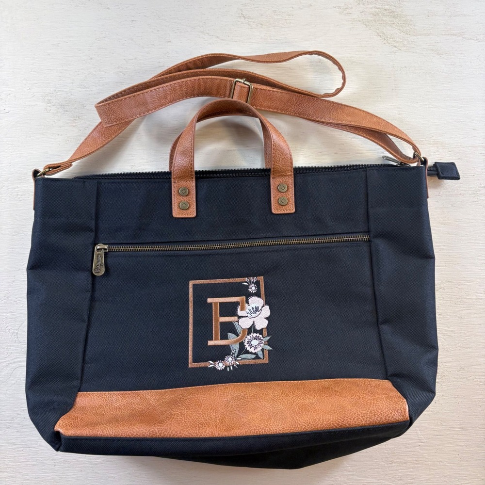 Thirty One Step Up Tote Crossbody Purse Blue And Brown Canvas Initial B